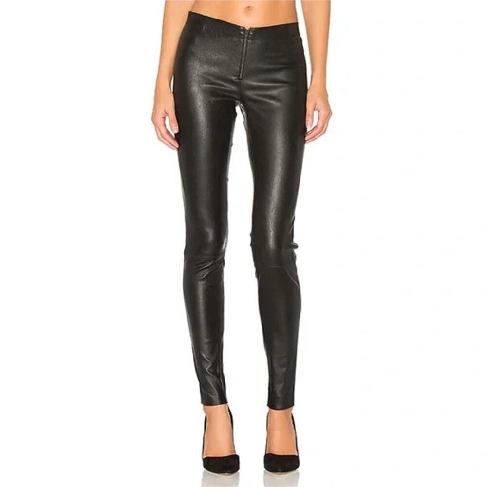 ALICE + OLIVIA Zip Front Lamb Leather Leggings Black Moto Chic Sexy Size 2 Edgy